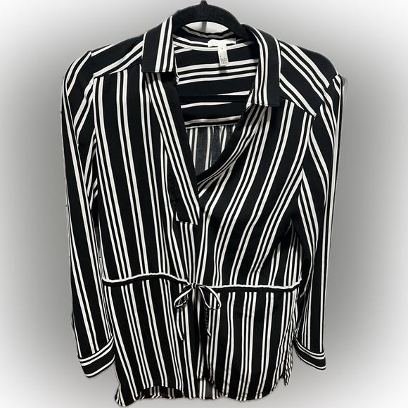 Leith Black Strip Faux Wrap Blouse With Waist Tie M (D1) - Picture 1 of 6